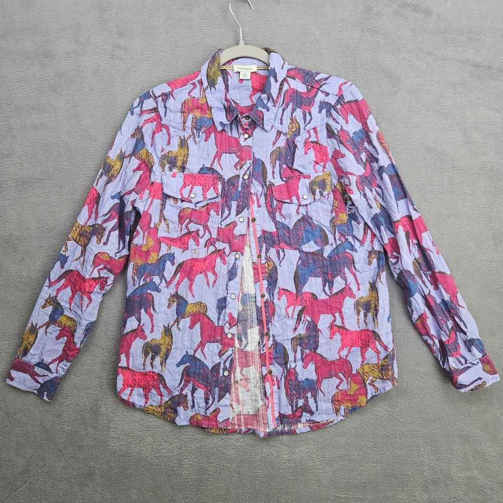Sundance Horse Print Western Cotton Snap Button Shirt Rodeo Ranch XS